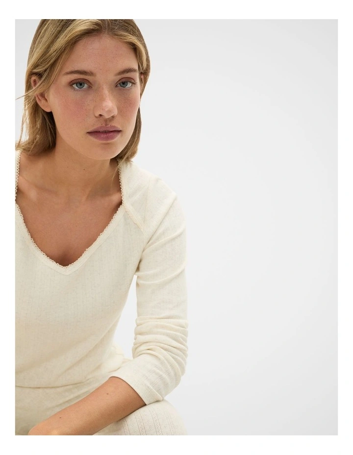 Pointelle Top and Pant PJ Set in Coconut Cream Marle image 3