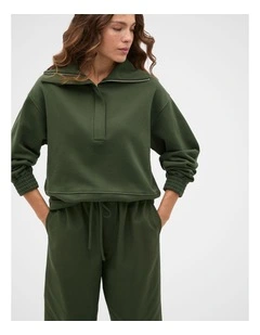 Terry Half Placket Sweat in Deep Forest