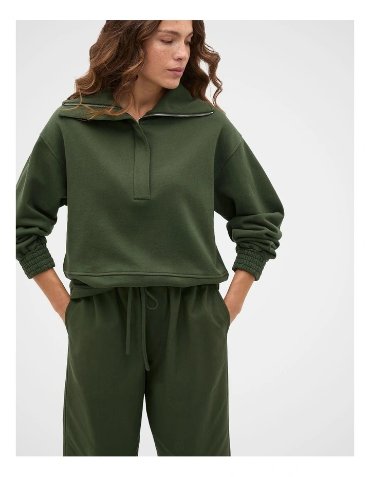 Terry Half Placket Sweat in Deep Forest image 1