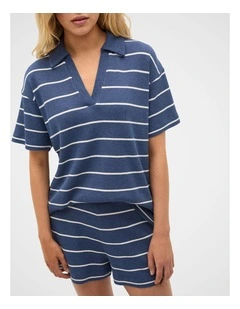 Waffle Stripe Shirt and Short PJ Set in Royal Blue Marle