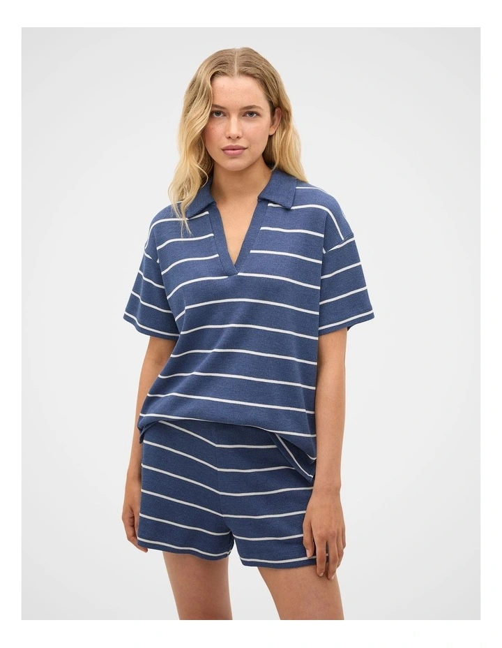 Waffle Stripe Shirt and Short PJ Set in Royal Blue Marle image 3