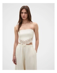 Linen Blend Cutwork Strapless Top