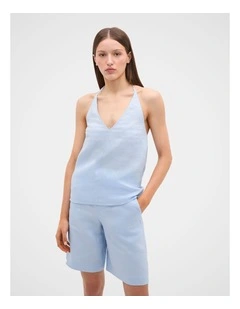 Linen V Neck Halter Top in Ice Blue