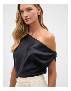 Satin Drape Shoulder Top in Twilight Blue
