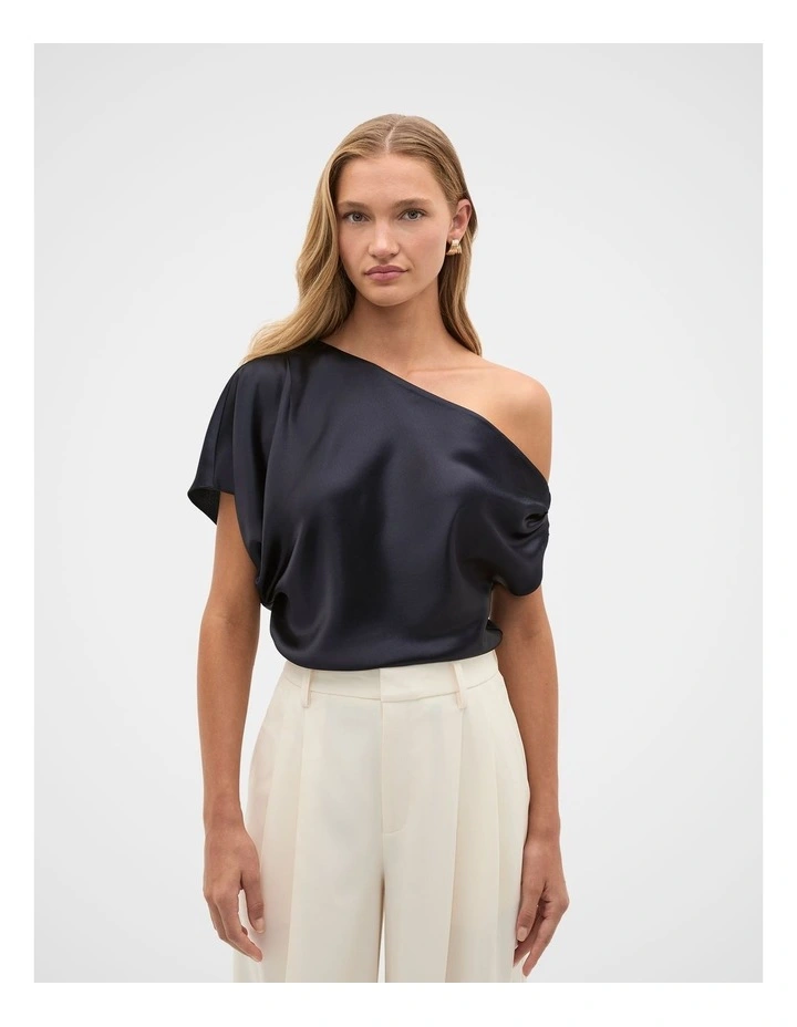Satin Drape Shoulder Top in Twilight Blue image 2