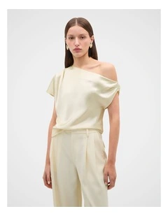 Satin Drape Shoulder Top in Coconut Cream