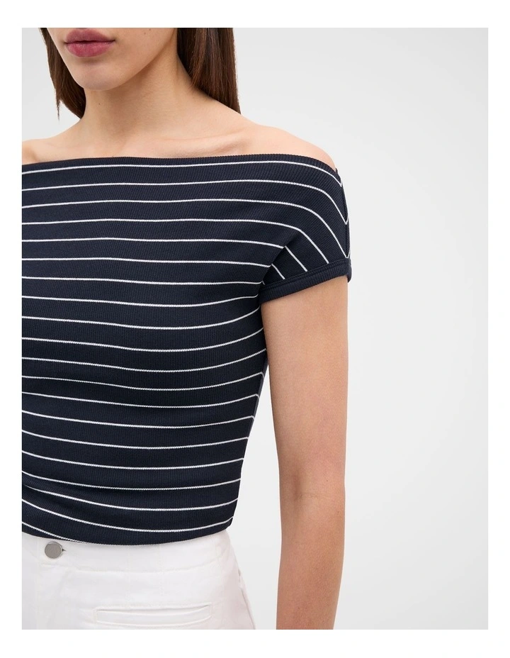 Rib Off The Shoulder Top in Twilight Blue Stripe image 2