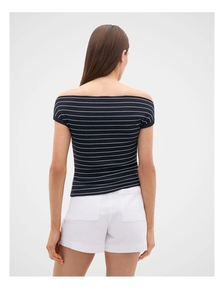 Rib Off The Shoulder Top in Twilight Blue Stripe image 3