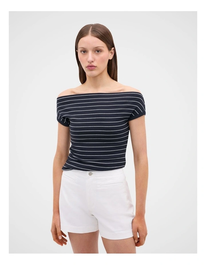 Rib Off The Shoulder Top in Twilight Blue Stripe image 4