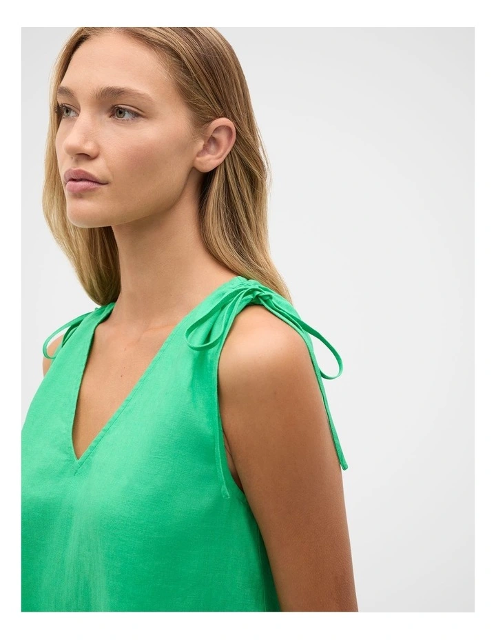 Linen Tie Shoulder V Neck Mini Dress in Palm Green image 2