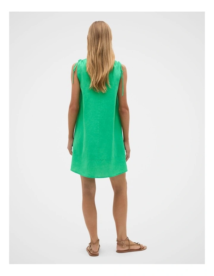 Linen Tie Shoulder V Neck Mini Dress in Palm Green image 3