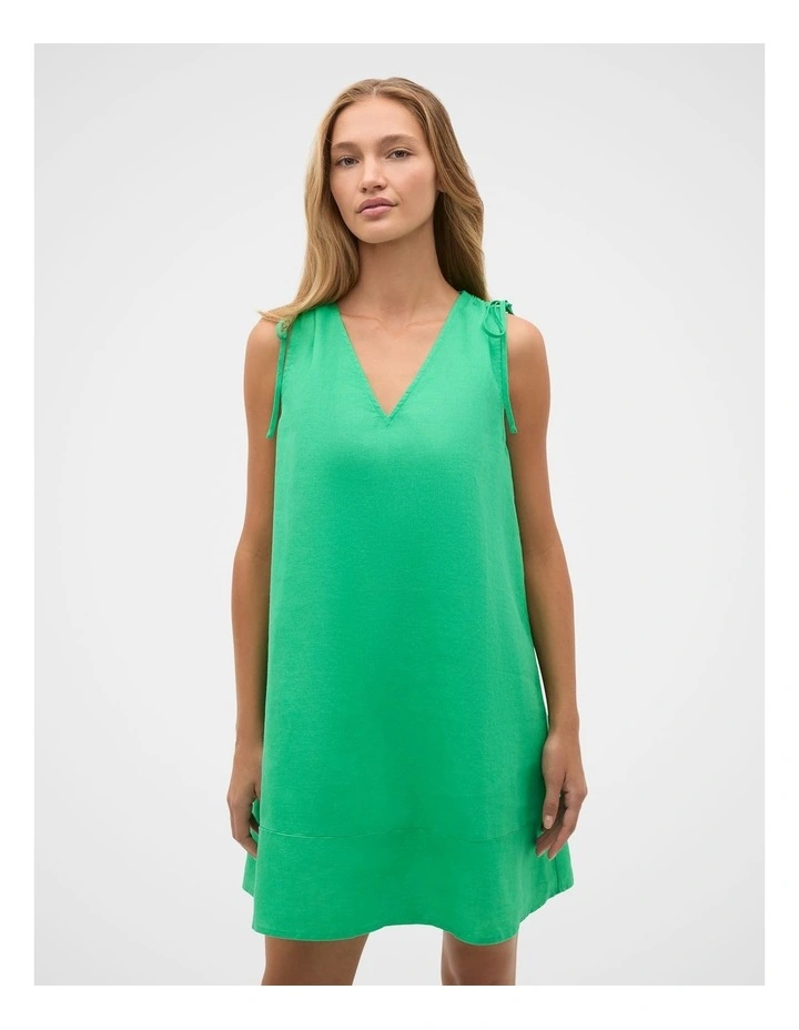 Linen Tie Shoulder V Neck Mini Dress in Palm Green image 4