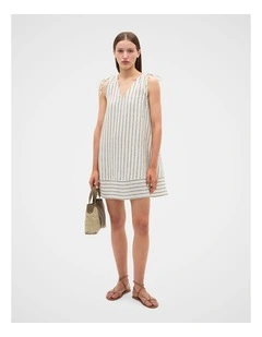 Linen Tie Shoulder V Neck Mini Dress in Coconut Cream Stripe