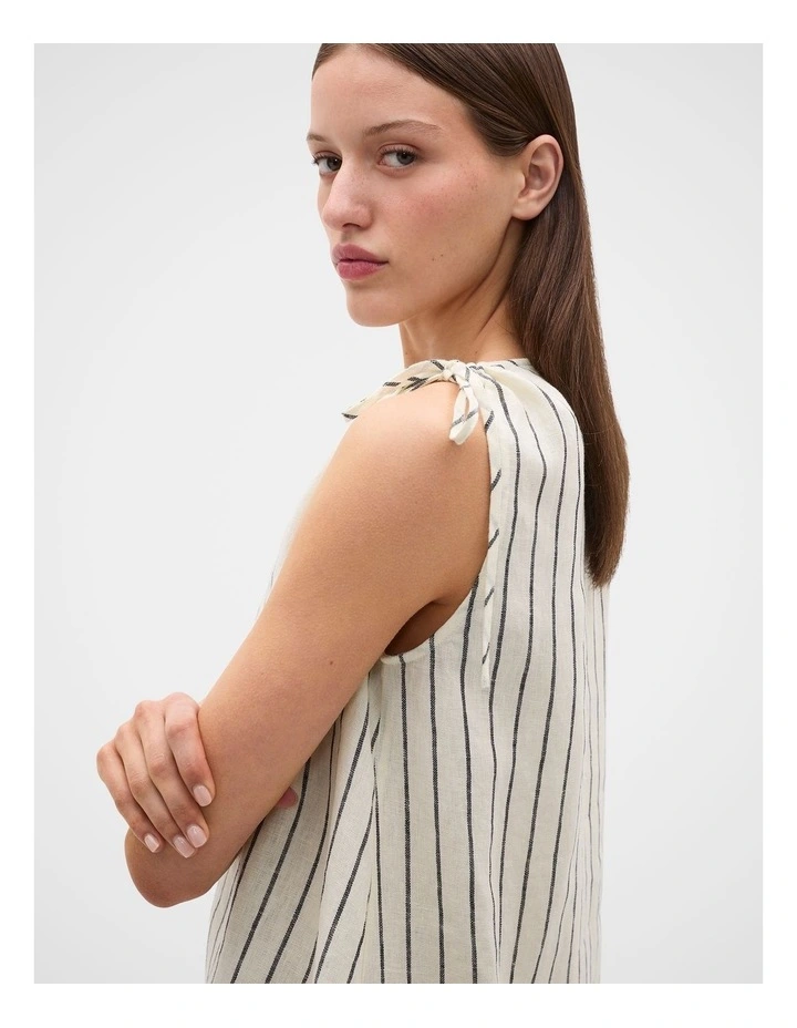 Linen Tie Shoulder V Neck Mini Dress in Coconut Cream Stripe image 2