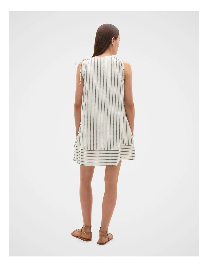 Linen Tie Shoulder V Neck Mini Dress in Coconut Cream Stripe image 3