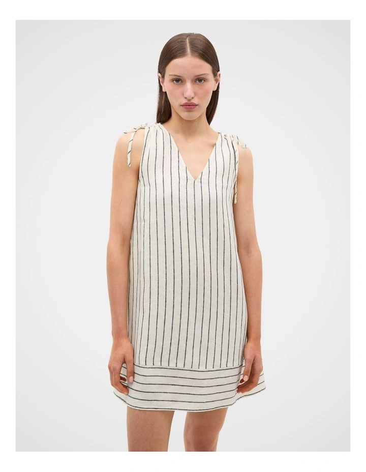 Linen Tie Shoulder V Neck Mini Dress in Coconut Cream Stripe image 4