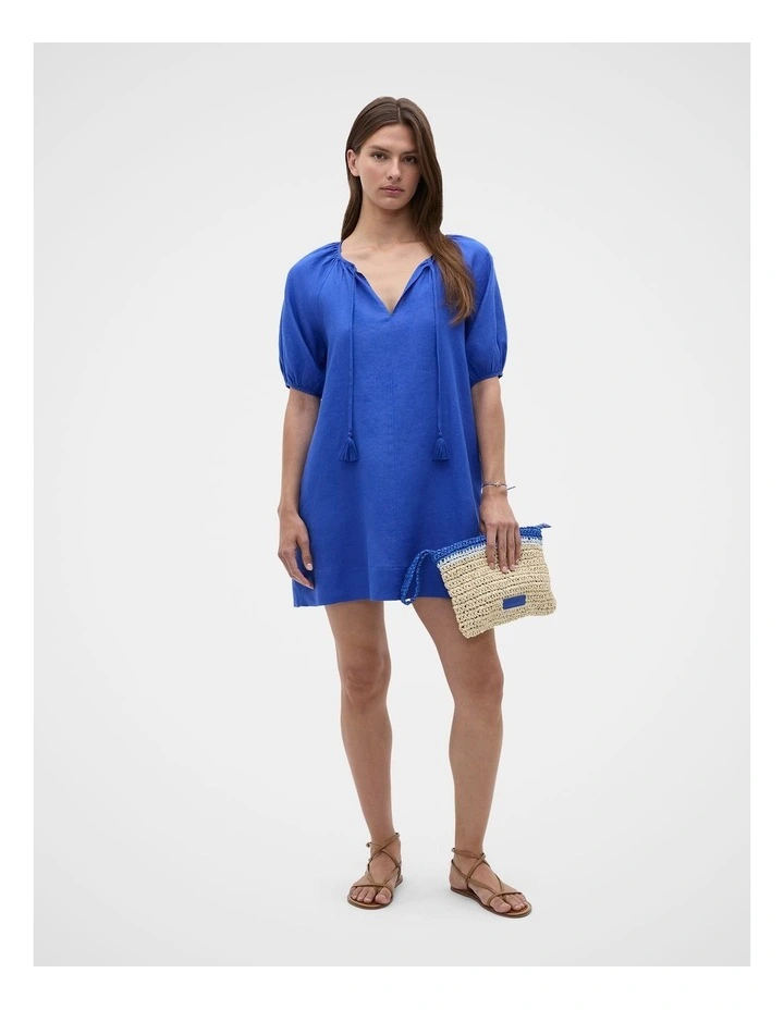 Linen Tie Neck Mini Dress in Sapphire Blue image 2