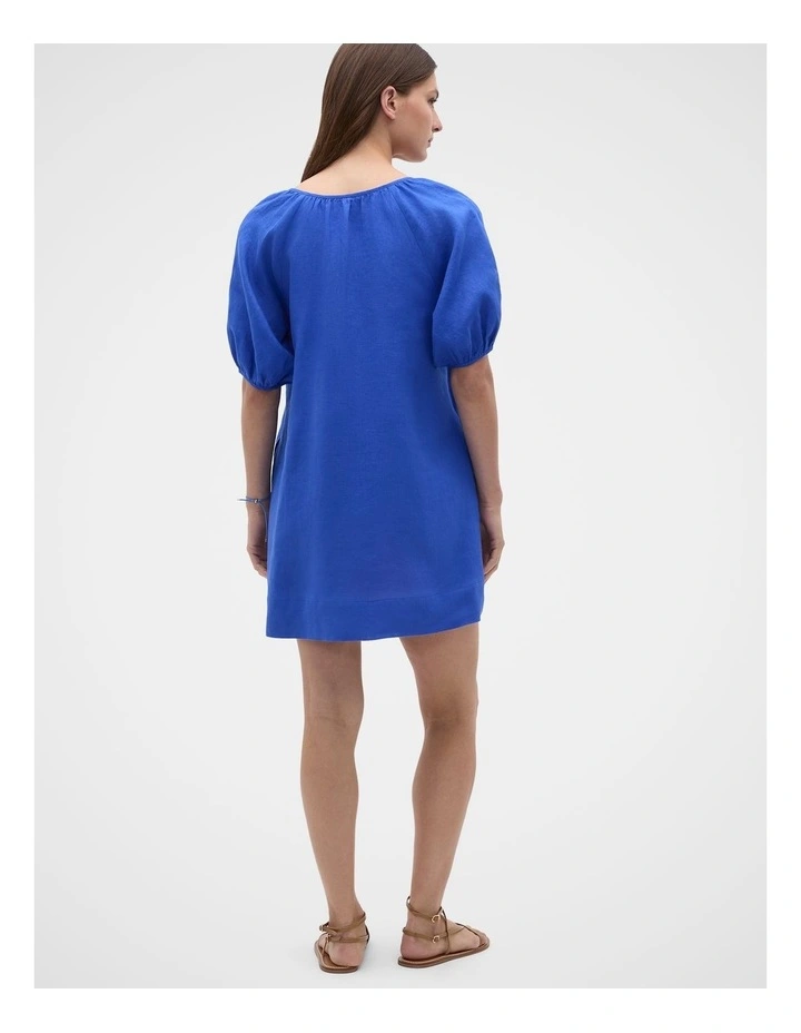 Linen Tie Neck Mini Dress in Sapphire Blue image 3