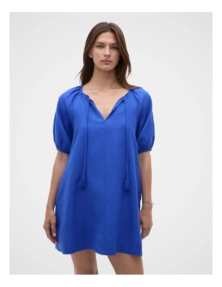 Linen Tie Neck Mini Dress in Sapphire Blue image 4
