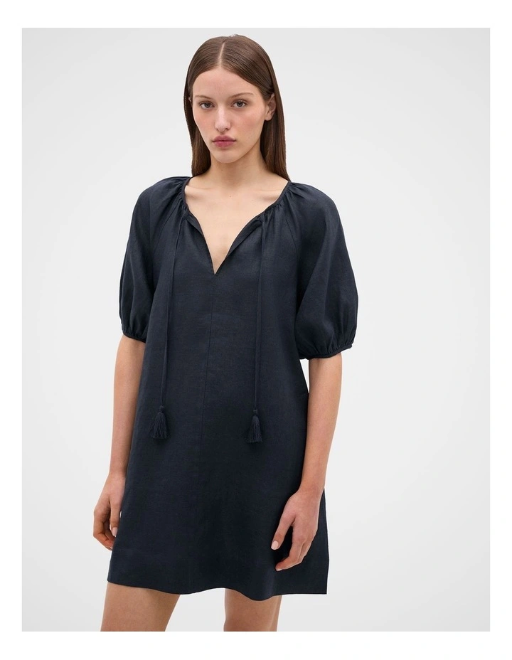 Linen Tie Neck Mini Dress in Twilight Blue image 1