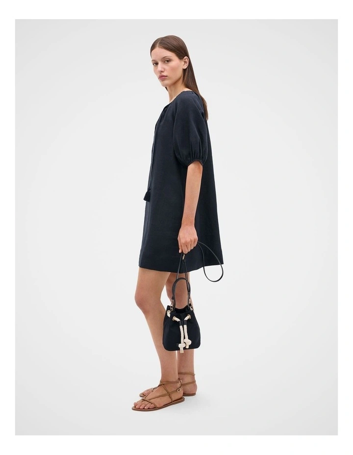 Linen Tie Neck Mini Dress in Twilight Blue image 2