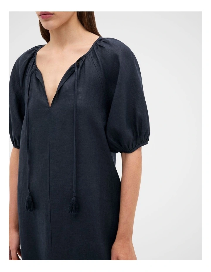 Linen Tie Neck Mini Dress in Twilight Blue image 3