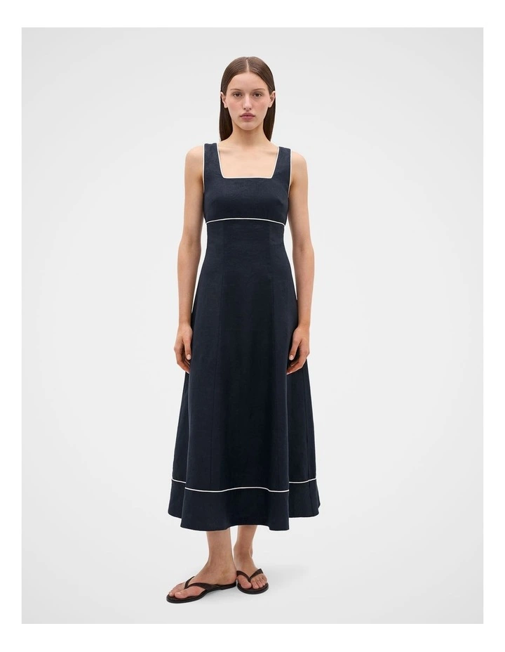 Linen Contrast Piping Midi Dress in Twilight Blue image 1