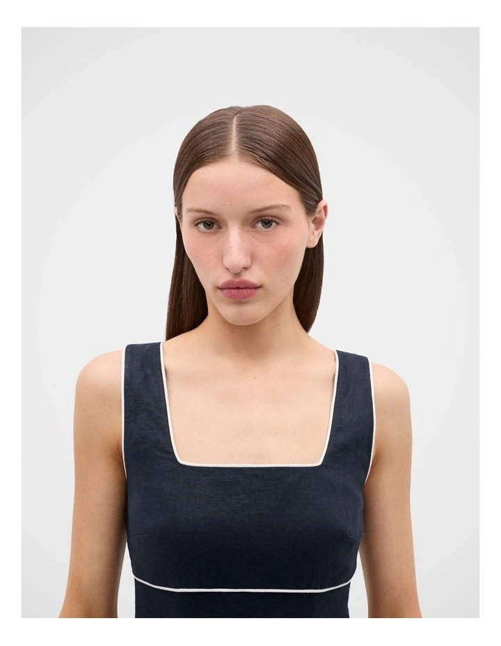 Linen Contrast Piping Midi Dress in Twilight Blue image 2