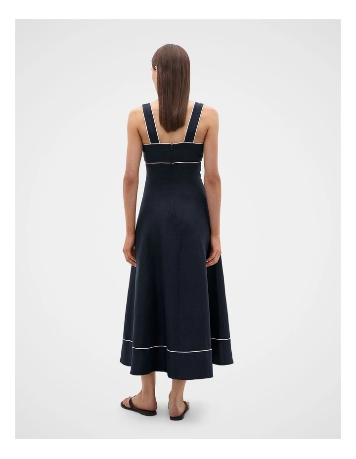 Linen Contrast Piping Midi Dress in Twilight Blue image 3
