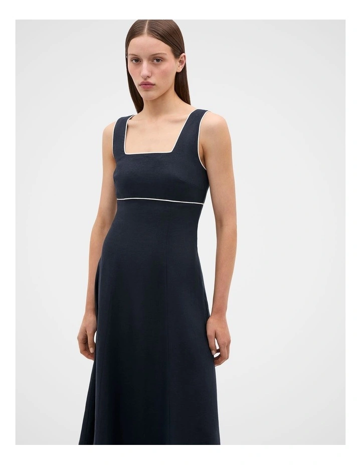 Linen Contrast Piping Midi Dress in Twilight Blue image 4