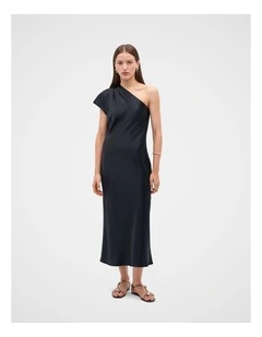 Satin Drape Shoulder Midi Dress in Twilight Blue
