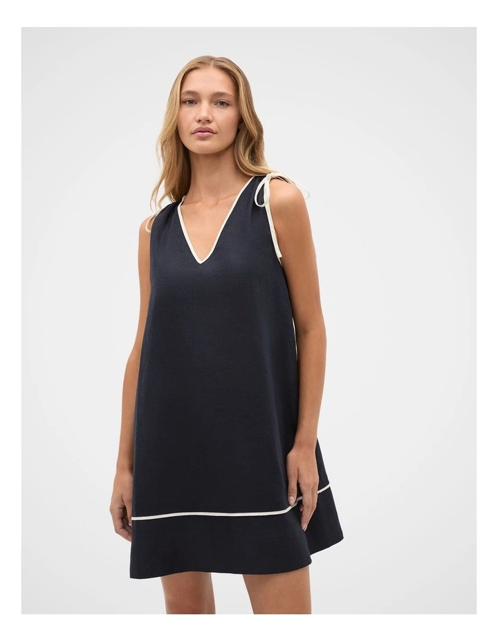 Linen Contrast Piping Mini Dress in Twilight Blue image 1