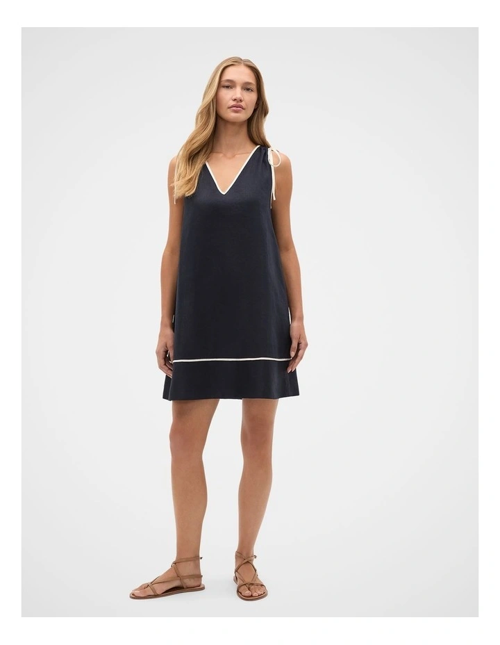 Linen Contrast Piping Mini Dress in Twilight Blue image 2