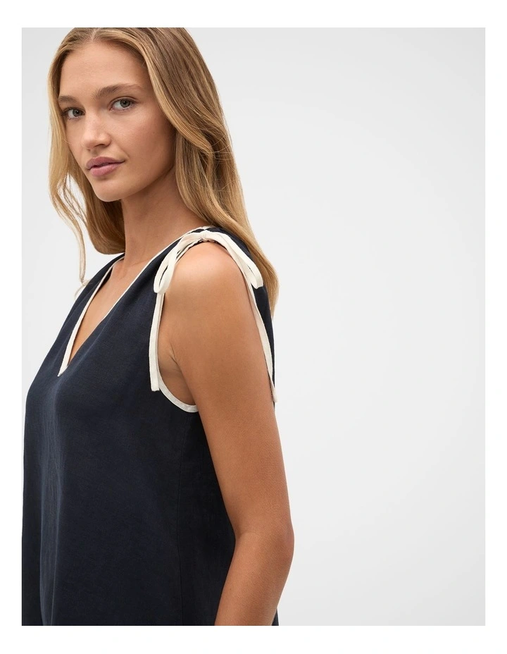 Linen Contrast Piping Mini Dress in Twilight Blue image 3
