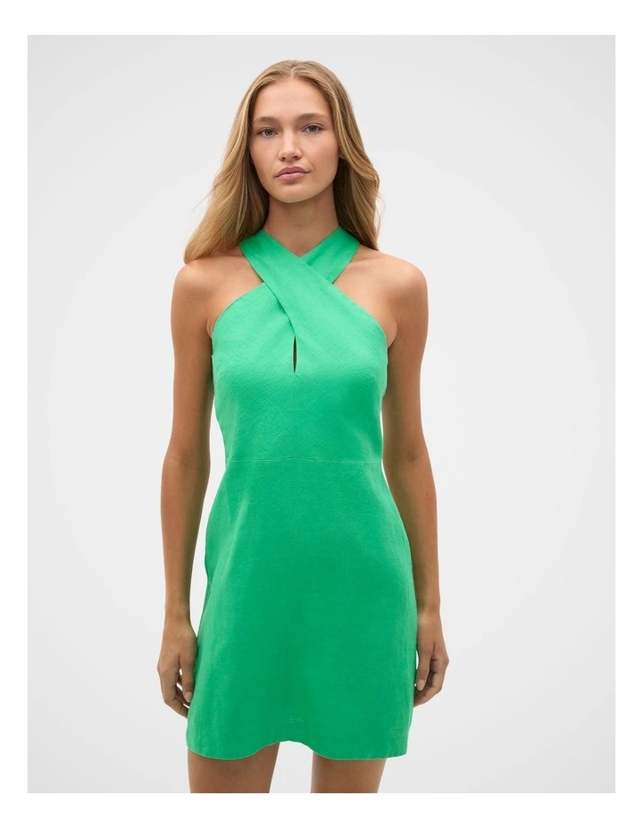 Linen Halter Mini Dress in Palm Green image 1