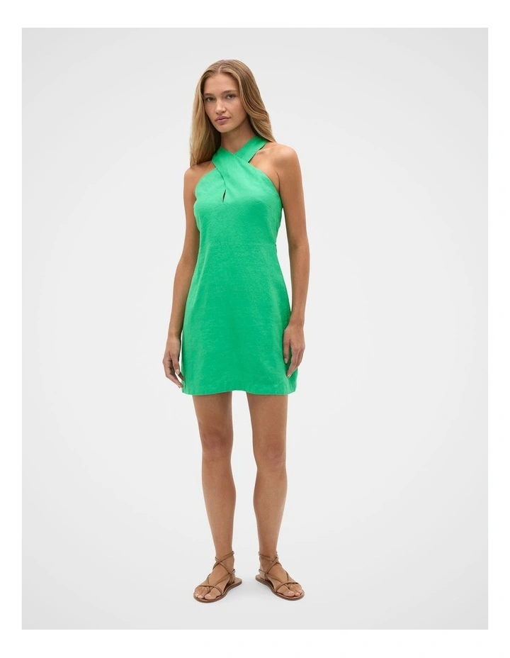 Linen Halter Mini Dress in Palm Green image 3