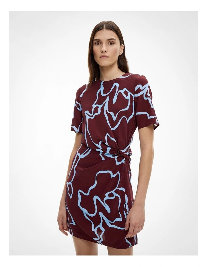 Knot Detail Mini Dress in Bordeaux Print image 1