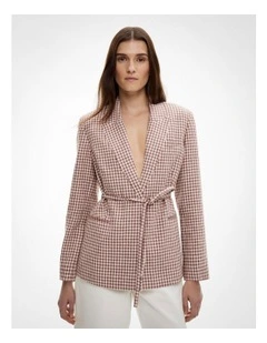 Tie Detail Linen Blazer in Maple Gingham