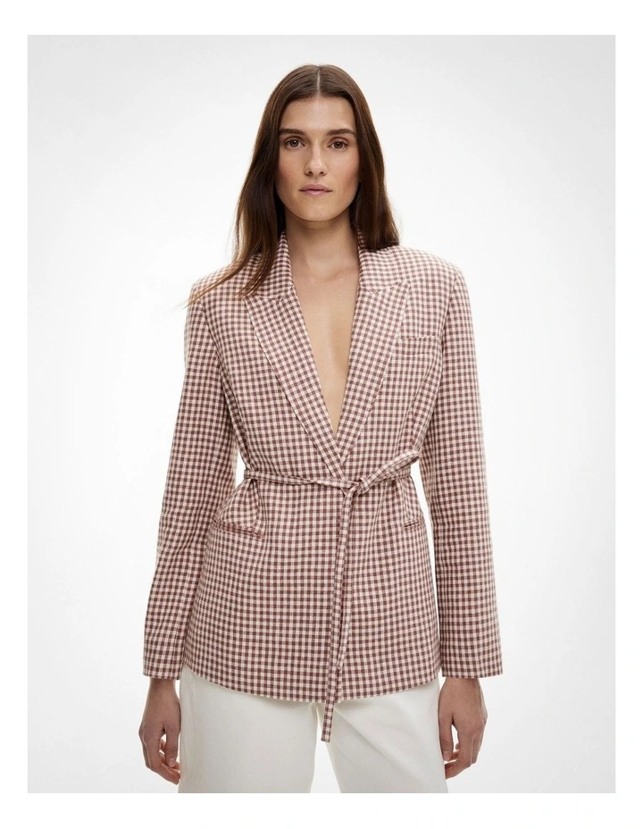 Tie Detail Linen Blazer in Maple Gingham image 1