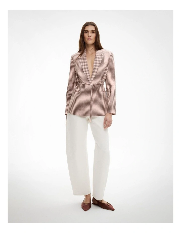 Tie Detail Linen Blazer in Maple Gingham image 2