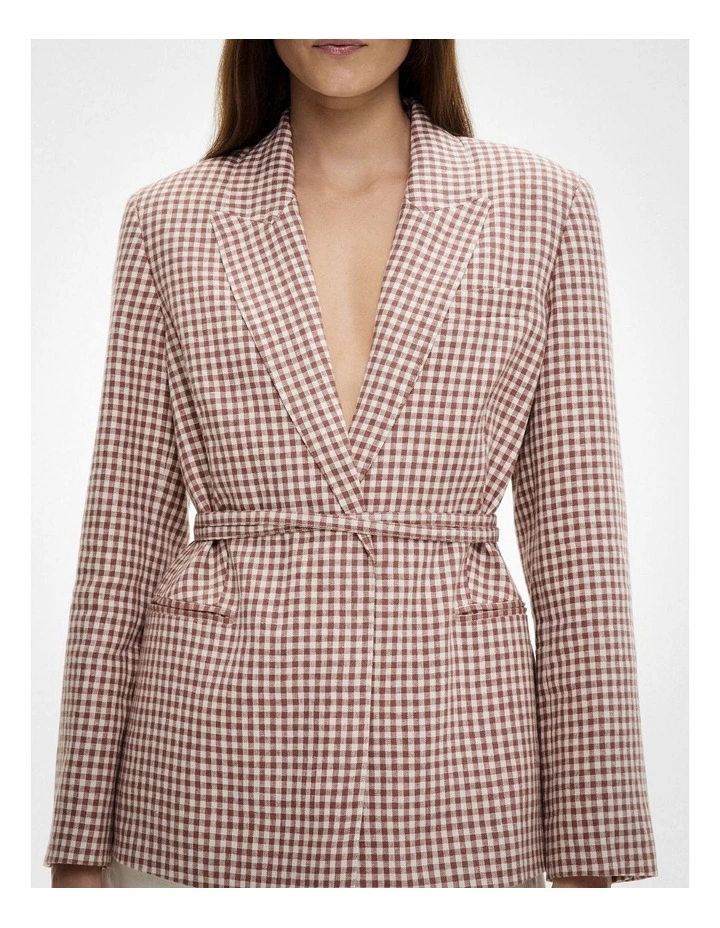 Tie Detail Linen Blazer in Maple Gingham image 3