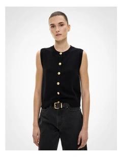 Knit Button Tank Top in Black