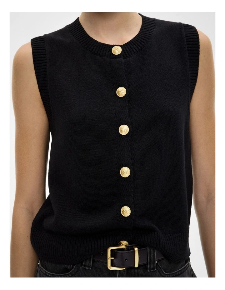 Knit Button Tank Top in Black image 3