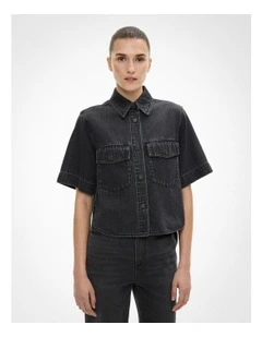 Patch Pocket Denim Shirt in Washed Black