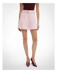 Belt Detail Linen Shorts in Powder