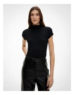 Textured Cap Sleeve T-shirt in Black