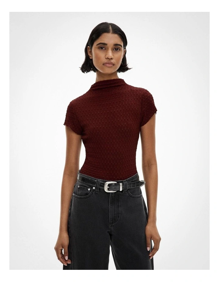 Textured Cap Sleeve T-shirt in Bordeaux image 1