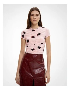 Ruched Mesh T-shirt in Powder Print