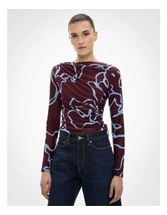 Mesh Drape Long Sleeve Top in Bordeaux Print