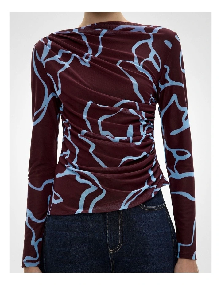 Mesh Drape Long Sleeve Top in Bordeaux Print image 3